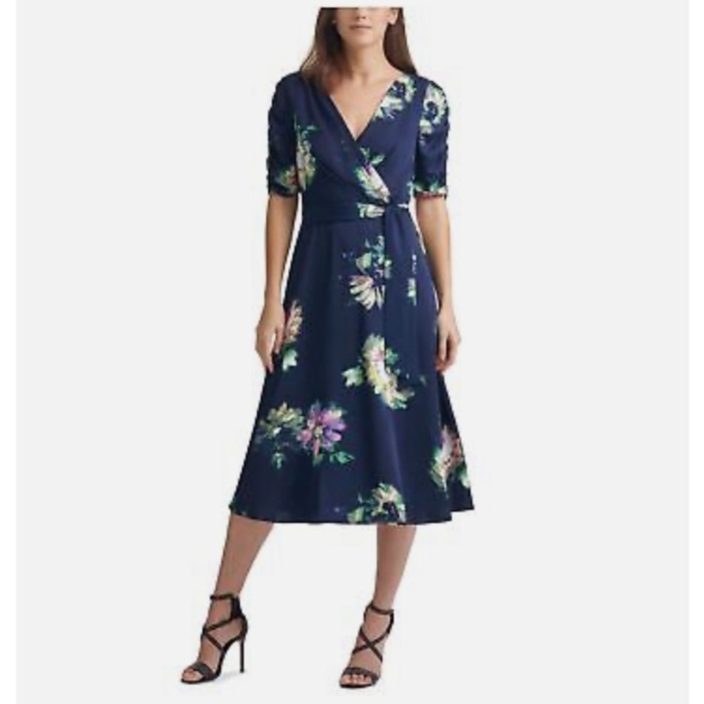 DKNY NWT Navy Ruched Belted Floral Elbow Sleeve Midi Faux Wrap Dress